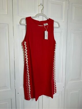 Very J Red Sleeveless Shift Dress with Cream Wavy Side Trim